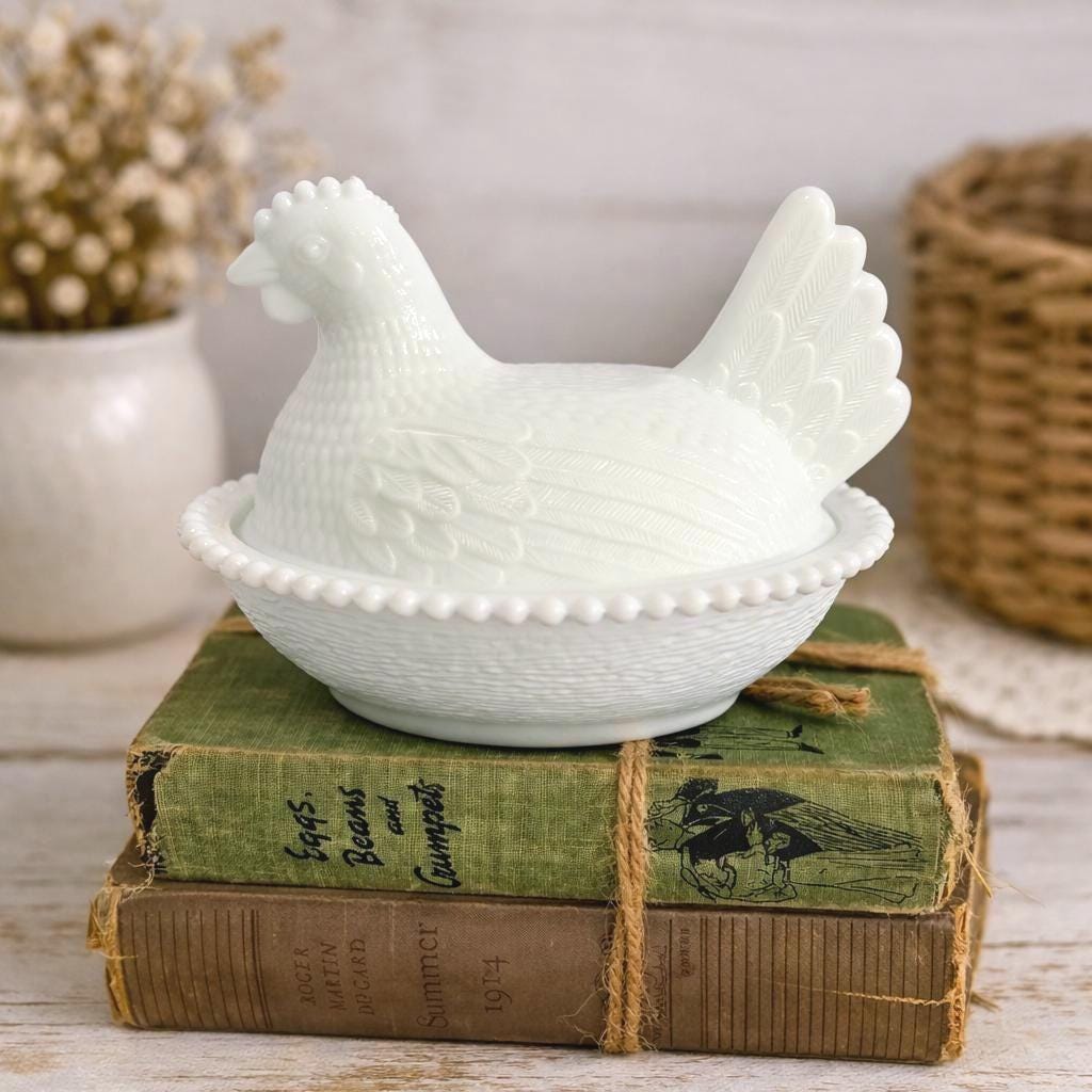 Vintage Indiana Glass Hen on Nest – White Milk Glass Candy Dish 7
