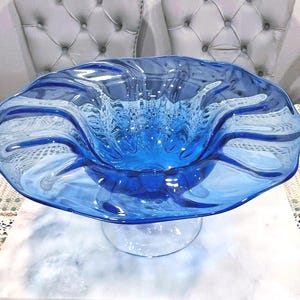 Vintage Cobalt Blue Art Glass Pedestal Bowl: Hand-Blown Centerpiece