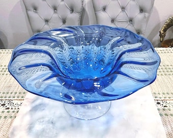 Vintage Cobalt Blue Art Glass Pedestal Bowl: Hand-Blown Centerpiece