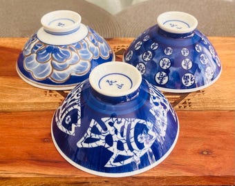 Vintage Blue & White Porcelain Rice Bowls - Set of 3 - Made in Japan