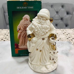 Vintage Holiday Time Santa Table Piece White Porcelain Gold trim Santa Clause Figurine in Original Box 9&quot;