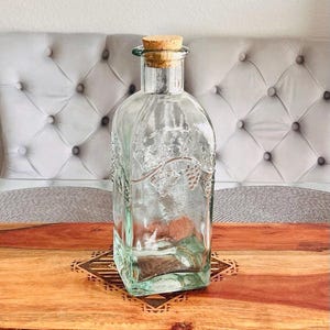 Vintage Handmade Glass Carafe: Embossed Vine Design, Cork Stopper
