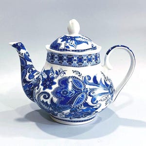 ケント陶器ティーポット：ブルー＆ホワイトペイズリーフローラル、アシュリーグレースコレクション
