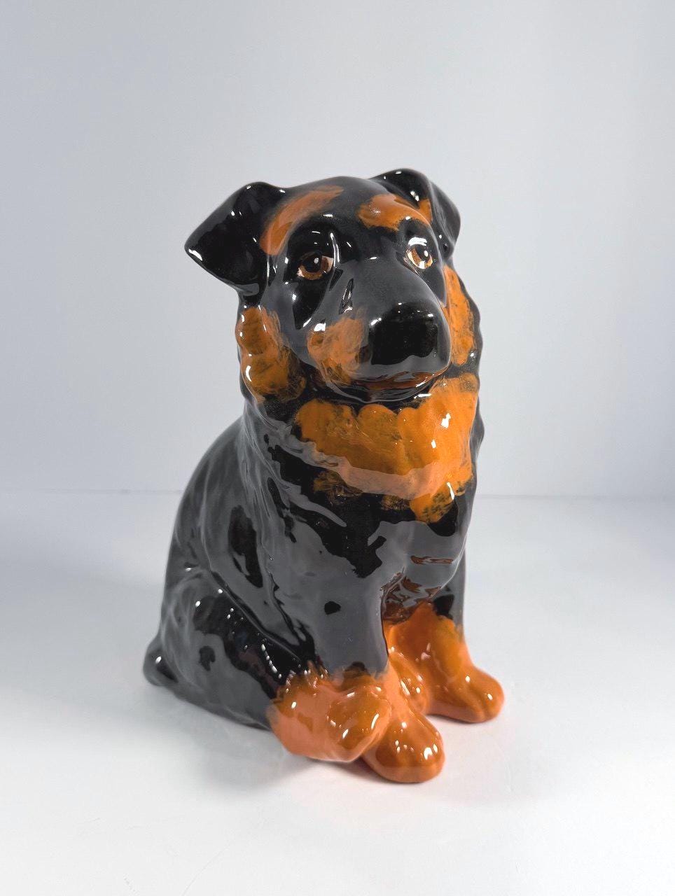 Vintage Hand Painted Ceramic Glazed Black Rottweiler Dog Figurine