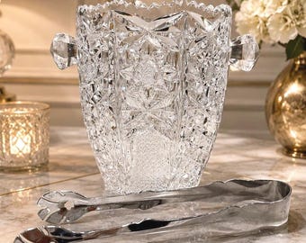 Vintage American Brilliant Cut Glass Ice Bucket with Tongs, Hobstar Pattern Crystal Ice Pail
