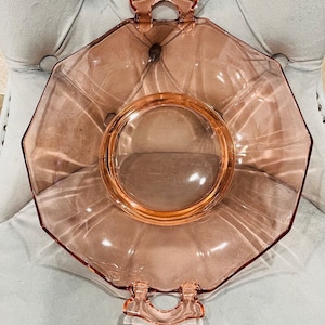 Jeannette Pink Handled Hexagon Depression glass Serving Bowl 12&quot; - 14&quot; with handles
