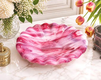 Bol de cristal artístico rosa estilo Murano vintage / Plato soplado a mano de 33 cm con borde ondulado