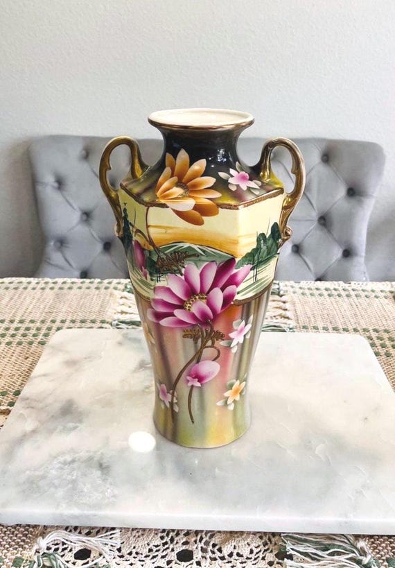 アンティーク錦ロイヤルニッポン花瓶：手描き花模様磁器（12インチ×7