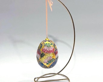 Vintage Chinese Cloisonné Enamel Egg - Peacock Floral Design with Brass Stand