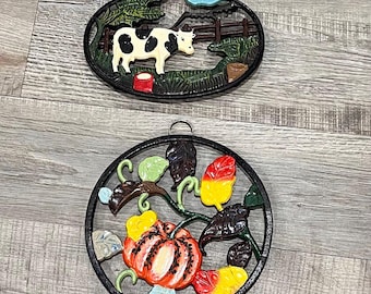 Vintage Hand Painted Cast Iron Trivet: Pumpkin or Cow Design