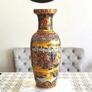 Vintage Japanese Satsuma Oriental Floor Vase – 24&quot; x 9&quot; | Hand-Painted Collectible Home Décor