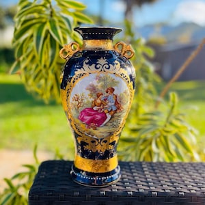Vintage L. F. Fragonard Limoges Cobalt Blue Courting Couple Vase