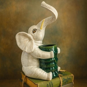 Vintage studioaardewerk olifant plantenbak – handgemaakte keramiek, witte olifant met groene vaas 12,5"