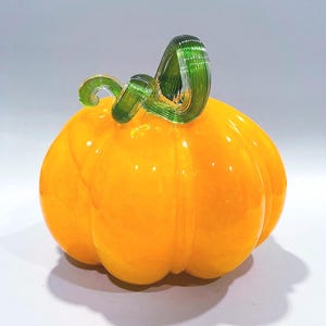 Hand Blown Art Glass Pumpkin: Orange, Swirled Stem 8&quot; x 7.5&quot;
