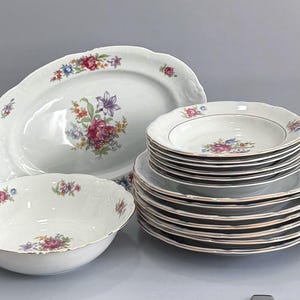 Vintage Rosebud Dinnerware Set – Baum Bros, Thun & Walbrzych, Gold Trim