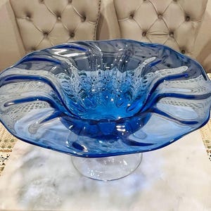 Vintage Cobalt Blue Art Glass Pedestal Bowl: Hand-Blown Centerpiece