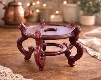 ヴィンテージ オリエンタル 木製花瓶スタンド 8.5インチ 中国彫刻ディスプレイ植物スタンド 盆栽台