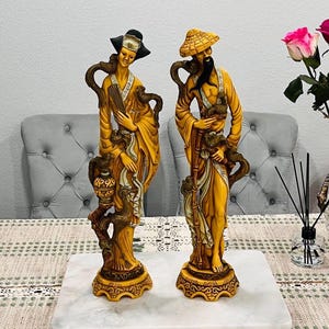Set of Two Vintage Chinese Oriental Man and Woman Statues – 19" x 5" – Collectible Resin Figurines – Asian Home Decor