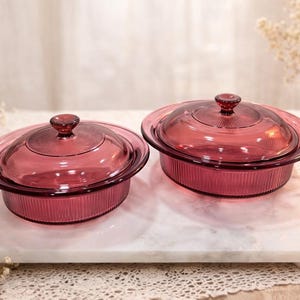 Vintage Pyrex Cranberry Vision Covered Casserole Set Ribbed Glass Dish with Lids 1L & 500ml