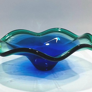 Vintage Large Murano Glass Decorative Bowl – Blue with Green Edge | Hand Blown in Italy – 5&quot; x 13.5&quot;