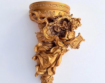 Vintage Gold Angel Wall Shelf • Baroque Cherub Sconce • Ornate Resin Hanging Display • 10"