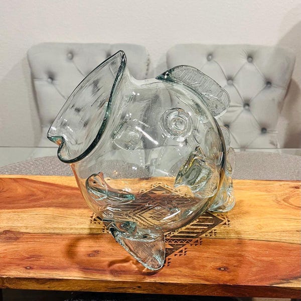 Vintage Hand blown Green Glass Decorative Open Mouth Fish Jar Fish Shaped Vase 9x9"
