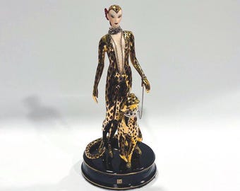 Erté Leopard Figurine: Franklin Mint, 24K Gold & Swarovski Crystal