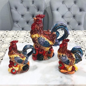 Set of Vintage Rooster Handcrafted Ceramic Teapot, Creamer, and Sugar Bowl – Collectible Kitchenware