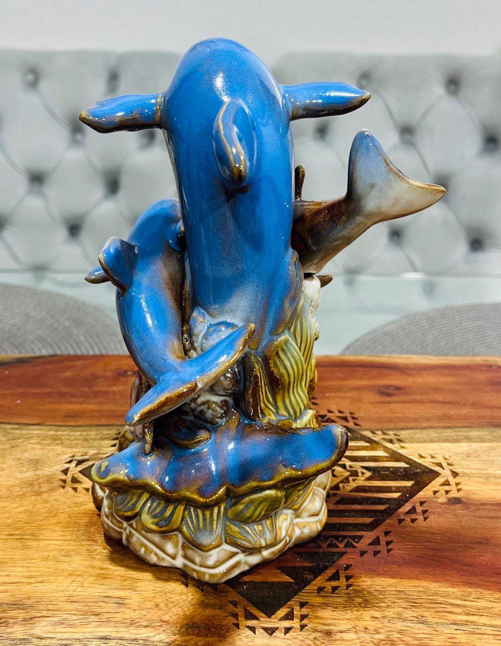 Set of Two Vintage Ceramic Pottery Hand Painted Dolphin Family