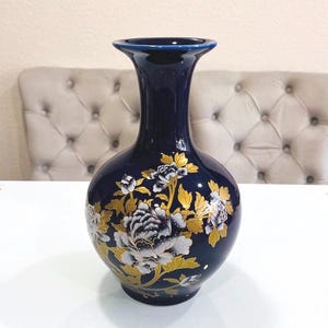 Vintage Cobalt Blue Ceramic Vase: Gold Peony Design, Mlaea, 9.5&quot;