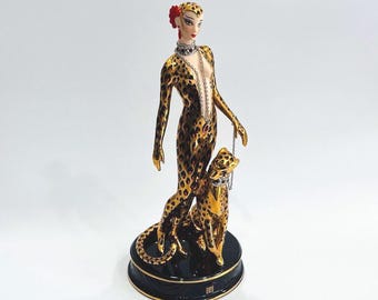 Erté &quot;Leopard&quot; Figurine: Franklin Mint, 24K Gold & Swarovski Crystal