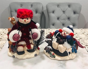 Vintage Grandeur Noel Snowman Figurines: Skiing Family Holiday Decor