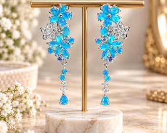 Ethiopian Blue Opal Jewelry Set Sterling Silver Flower Earrings Ring White Gold Plated