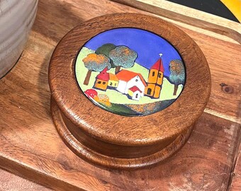Handgemachte Holz Trinket Box: Vintage Keramik Dorf Inlay