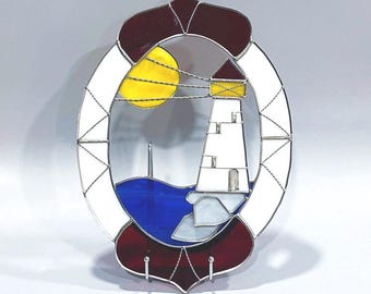 Handcrafted Stained Glass Lighthouse Suncatcher Panel – Nautical Window Art – 14.5" x 10"