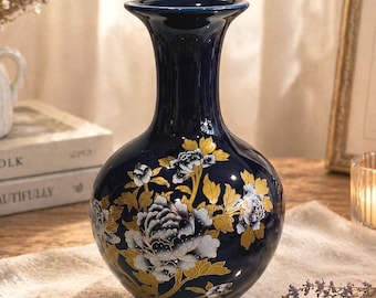 Chic Pottery Handpainted Gold Color Floral on Cobalt Blue Vase