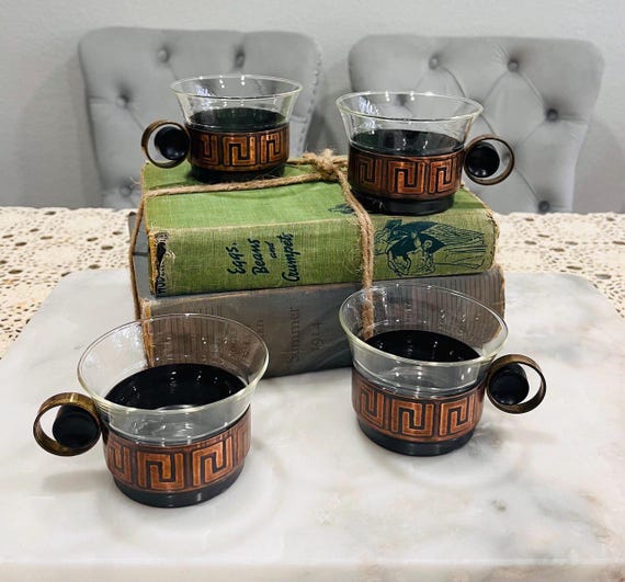 Vintage Schott Mainzer Jena Glass Tea Cups With Copper Holders