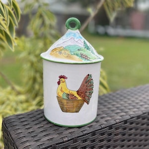 Vintage Italian Pottery Cookie Jar with Lid – Handmade Ceramic Canister – 10&quot; x 5&quot; – Handcrafted in Italy – Rustic Kitchen Decor