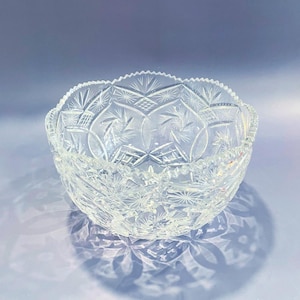 Vintage Crystal Sawtooth Rim Starburst Glass Bowl – American Brilliant Period – 5&quot; x 8 3/4&quot;