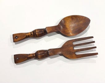 Vintage Hand Carved Wooden Salad Servers Tiki Style Kitchen Wall Decor Spoon Fork 12"