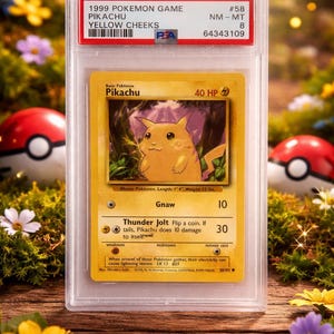 Könnte beinhalten: Eine bewertete Pokémon-Karte von 1999 mit Pikachu mit gelben Wangen. Die Karte ist in einer transparenten Schutzhülle eingeschlossen, mit dem Text "1999 Pokemon Game Pikachu Yellow Cheeks" sichtbar. Die Karte ist mit NM-MT 8 bewertet.