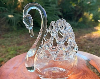 Harrach Boho tschechische Kunst Glas Schwan Vase | Schwedler Style Klarer Kristall Schwan | Mundgeblasen