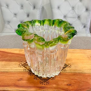 Vintage Handcrafted Art Glass Vase: Clear with Green Edges, Collectible Decor