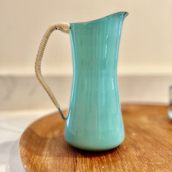 Vintage Dansk Pitcher Turquoise Blue Enamelware with Rattan Handle Scandinavian Danish MCM designed by Jens Quistgaard