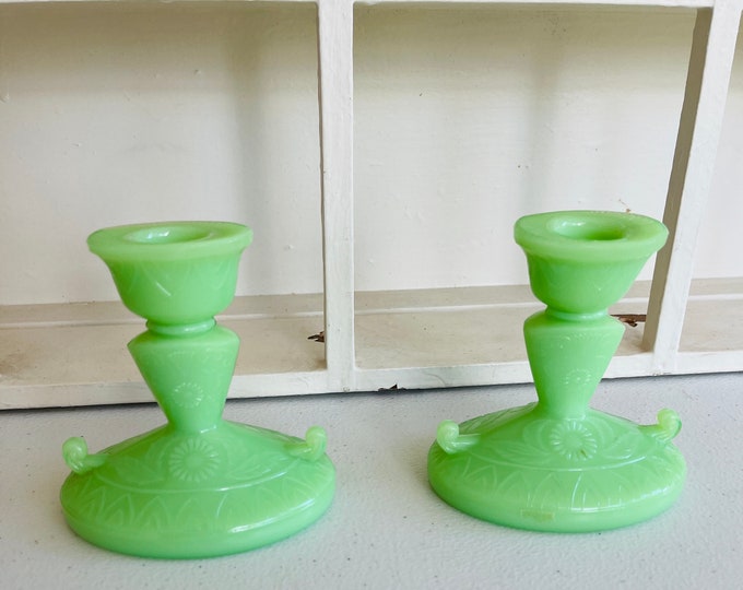 2 Vintage Mckee Jadite Jadeite Green Candlesticks Candle Holders Etsy