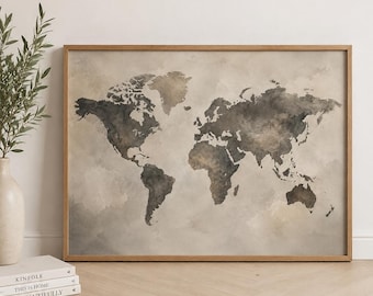 Moody Vintage World Map Print, Minimalist Neutral Travel Art (Digital Download)