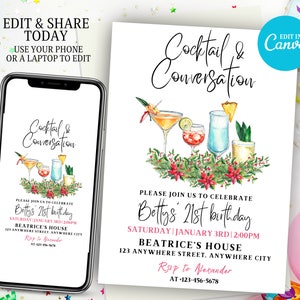 Invitación editable para fiesta de cumpleaños de cóctel, Tarjeta imprimible para adultos número 30, Es mi invitación de cumpleaños, Invitación de cumpleaños para teléfono digital número 21, Fiesta de verano