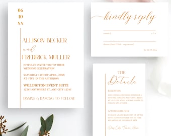 Invitación de boda Modern Muse Gold Foil Invitación de boda digital caprichosa con RSVP en línea Invitaciones de boda modernas simples en oro y blanco