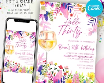 Pink Orange Floral Birthday Invitation For Women Colorful Hot Pink floral Birthday Invitation Template Vibrant Blush Fuchsia Magenta Summer