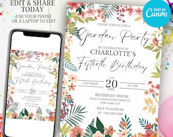 Garden Party Invitation Template Folk Wildflower Watercolor Floral Birthday WildFloral Summer Party Digital Invitation WhatsApp Party Invite